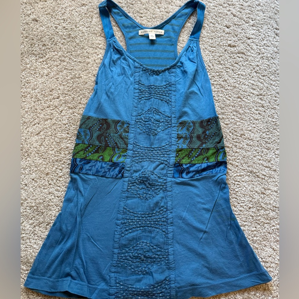 Burning Torch Blue Embroidered Patterned Tank Top